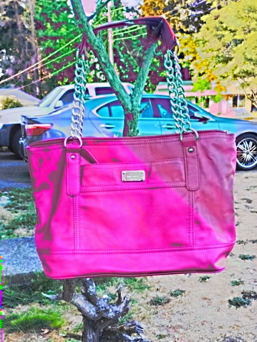 Nine West Hot Pink Chain-Strap Tote